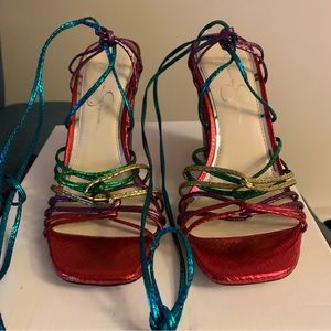 Rainbow Metallic strappy ankle wrap heels